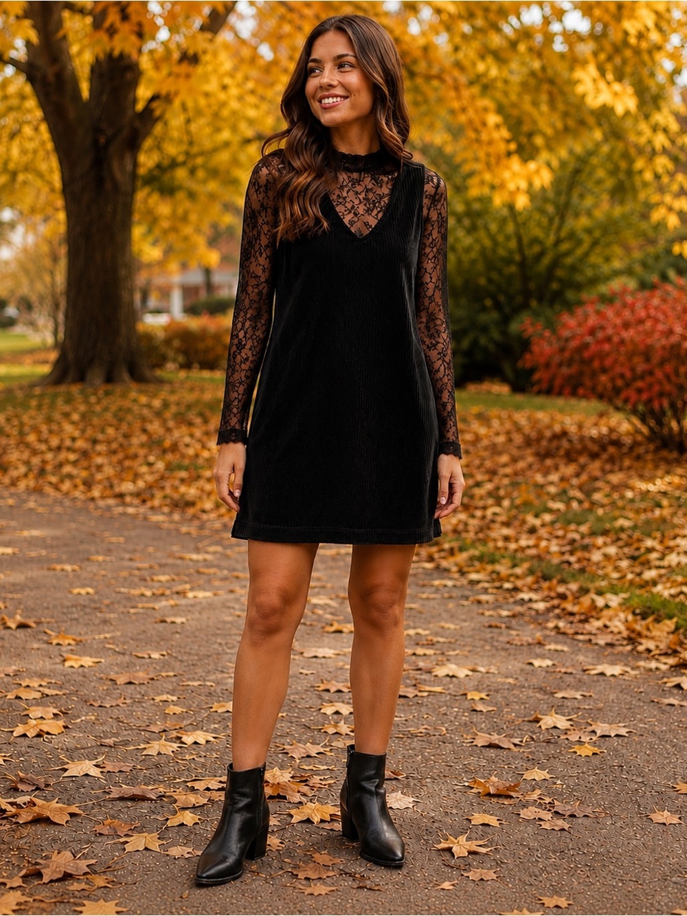 Planet Gold Black Lace-Trim Velvet Mini Dress